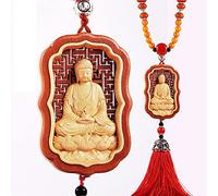 JVNALwnkv Pendentif clé de Voiture en Bois, Pendentif pêcher, 1 pièce, amulette Chinoise ajourée et incrustée représentant Une Statue Bouddha Amitabha