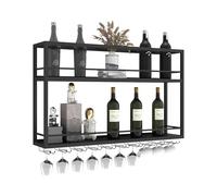 JWBXFYXW Pontage à vin Industriel Mural avec étagère en Bouteille en Bois à 2 Niveaux et Rack de Verre en métal.