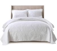 Jwcn Bedding 3 Pièces Couvre-lit Doubles Couvre-Lits 100% Coton Brodé Matelassé Couette Réversible Multifonction Couvertures avec Taie D’Oreiller, White, SuperKing:250x270cm+50x70cmx2