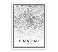 JWJQTLD Impression sur Toile，Noir Blanc Shanghai World City Map Imprime des Affiches De Style Nordique Wall Art Images Accueil Peinture Décoration