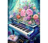 JWPSHIJIE 5D Diamant Peinture Point De Croix Kit, Piano Et Fleurs,C,30 * 40cm par Numéro Perceuse Complèt Ronde Cristal Strass DIY Diamond Painting Salon Chambre Décoration Autocollant Mural