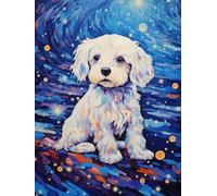 JWPSHIJIE Kit de Broderie Diamant 5D, Chiot Sous Le Ciel Étoilé Bleu,A Peinture Diamant 5D Complet Loisirs Créatifs Adultes pour Décoration d'intérieur avec Outils et Boîte de Rangement