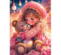 JWPSHIJIE Kits de Point de Croix Estampé Bricolage, Poupée Fille Et Ours De Dessin Animé,A,40 * 50cm Kit Canevas Complet Avec Fils au Point de Croix, Broderie Point de Croix Kit Adulte Debutant