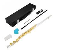 JWQFBC Flûte Traversière C à 16 Clés Fermées Offset Flûte de Concert Instrument à Vent Flûte d'Étude en Cupronickel avec Trou d'Embouchure Incliné et, Argent+Or