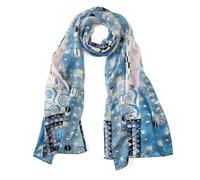 JWSilk Longue écharpe en soie Charmeuse - Impression artistique classique, Arbre de vie par Gustav Klimt Bleu, 63" x 17"