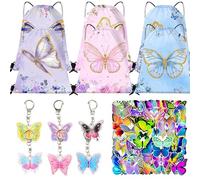 JWTRSVTY 62 PCS Papillon Anniversaire Fête Cadeaux, Papillon Cadeau Anniversaire Enfants, Papillon Party Cadeaux Inclus 6 Sac Cordon Fête 6 Porte-clés 50 Autocollants, pour Garçons Filles Cadeaux Fête
