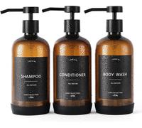 Jxeu08 600ml Refillable Shampoo And Conditioner Dispenser With Waterproof Labels For Bathroom (Amber Bottles + Black Pumps)
