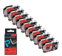 JXHDWYTYO Ruban d'étiquettes XR12WE, 10 pièces, 12mm, Noir sur Blanc, Compatible avec l'imprimante d'étiquettes KL60 KL100(Black on Red)