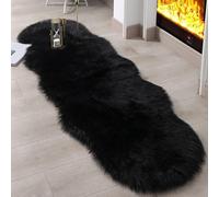 JXLOULAN Tapis Fausse Fourrure, Tapis en Peau de Mouton Synthétique Noir 60x160 cm, Carpette Moelleuse pour Chambre à Coucher, Salon, Crèche, Jet de Divan de Décoration Chaise