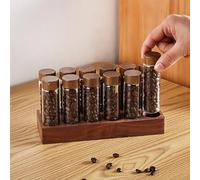 Jxngery Stockage de grains de café à dose unique 12 tubes Cave à conteneurs de grains de café portable polyvalente avec présentoir en bois de noyer et entonnoir 2 oz