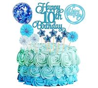 Jxuzh Décoration de gâteau d'anniversaire 10 ans - Bleu - 10e anniversaire - Décoration de gâteau d'anniversaire - Décoration de gâteau - Étoiles bleues - Confettis - Ballons en papier - Pour gar