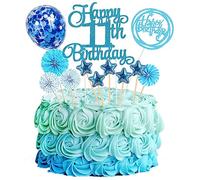 Jxuzh Décoration de gâteau d'anniversaire 11 ans - Bleu - 11e anniversaire - Décoration de gâteau d'anniversaire - Décoration de gâteau - Étoiles bleues - Confettis - Ballons en papier