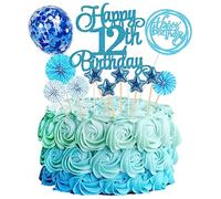 Jxuzh Décoration de gâteau d'anniversaire 12 ans - Bleu - 12e anniversaire - Décoration de gâteau d'anniversaire - Décoration de gâteau - Étoiles bleues - Confettis - Ballons en papier
