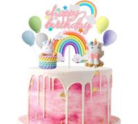 Jxuzh Décoration de gâteau d'anniversaire licorne pour fille - Décoration de gâteau avec macaron, Happy Birthday, arc-en-ciel et ballons multicolores - Décoration de gâteau