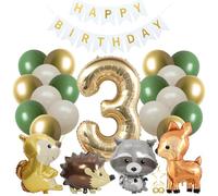 Jxuzh Kit de décoration d'anniversaire 25 pièces avec ballons en aluminium d'animaux de la forêt (écureuil, hérisson, élan, raton laveur) - Avec numéro 3, ballons en latex avocat, abricot et bannière