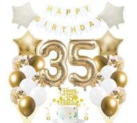Jxuzh Kit de décoration d'anniversaire 35 ans « Or clair et blanc » 33 pièces avec ballons, guirlande, nombre 35, étoiles crème et décorations de gâteau scintillantes - Pour hommes et femmes