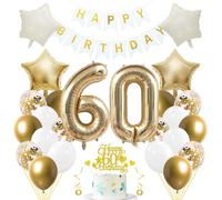Jxuzh Kit de décoration d'anniversaire 60 ans « Or clair et blanc » 33 pièces avec ballons, guirlande, nombre 60, étoiles crème et décorations de gâteau scintillantes - Pour hommes et femmes