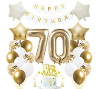 Jxuzh Kit de décoration d'anniversaire 70 ans « Or clair et blanc » 33 pièces avec ballons, guirlande, nombre 70, étoiles crème et décorations de gâteau scintillantes - Pour hommes et femmes