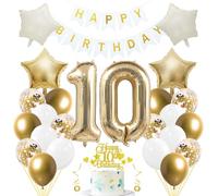 Jxuzh Kit de décoration d'anniversaire « Or clair et blanc » 33 pièces avec ballons, guirlande, nombre 10, étoiles crème et décorations de gâteau pailletées, pour garçons et filles