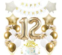 Jxuzh Kit de décoration d'anniversaire « Or clair et blanc » 33 pièces avec ballons, guirlande, nombre 12, étoiles crème et décorations de gâteau pailletées, pour garçons et filles