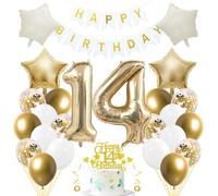 Jxuzh Kit de décoration d'anniversaire « Or clair et blanc » 33 pièces avec ballons, guirlande, nombre 14, étoiles crème et décorations de gâteau pailletées, pour garçons et filles
