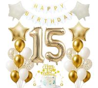 Jxuzh Kit de décoration d'anniversaire « Or clair et blanc » 33 pièces avec ballons, guirlande, nombre 15, étoiles crème et décorations de gâteau pailletées