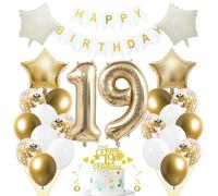 Jxuzh Kit de décoration d'anniversaire « Or clair et blanc » 33 pièces avec ballons, guirlande, nombre en aluminium 19, étoiles crème et décorations de gâteau pailletées, pour garçons et filles