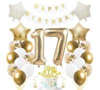 Jxuzh Kit de décoration d'anniversaire « Or clair et blanc » 33 pièces avec ballons, guirlande, nombre en aluminium 17, étoiles crème et décorations de gâteau pailletées, pour garçons et filles