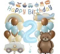 Jxuzh Lot de ballons décoratifs pour 2e anniversaire garçon - Motif : ours, voiture, avion, arc-en-ciel, chiffre 2, bleu, marron, beige, guirlande Happy Birthday, décoration de fête prénatale, 2ème