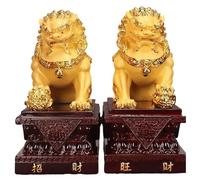 JXYQ Chinese Feng Shui Foo Dogs Statue Pair, 12'' Resin Golden Guardian Lions Beijing Lions Statue Fu Dogs Ornaments for Home Office Ward Off Evil Energy Housewarming Business Opening Gift