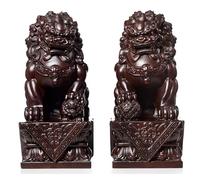 JXYQ Chinese Foo Dogs Statues Pair, Rosewood Ebony Guardian Lion Beijing Lions Wealth Porsperity Statue Wood Carving Craft Housewarming Gift,Black,28cm