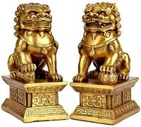 JXYQ Ornaments Feng Shui Brass Statue Lion Wealth Porsperity Ornament Pair of fu Foo Dogs Guardian Sculpture, Lion Indoor Placement Decor Figurine Best Housewarming Congratulatory Sculpture