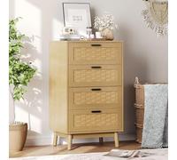 JYCRA Commode haute en rotin avec 4 tiroirs en rotin PVC faits à la main pour chambre à coucher, petite table de chevet avec pieds en bois, couleur chêne naturel (chêne 4 tiroirs)