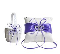 JYCRA Ensemble de panier pour alliances de mariage, panier à fleurs forgé blanc, coussin à anneaux de style romantique - Violet
