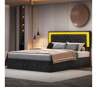 JYCRA Lit double avec espace de rangement 160 x 200 cm - Lit rembourré - Lumière LED - Lit double avec espace de rangement et sommier à lattes, en velours - Lit double pour adultes et adolescents