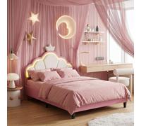 JYCRA Lit Princesse 140x200,lit Enfant,lit Fille avec Couronne,Sommier à Lattes,Tête de lit & LED réglables,Design Couronne de Princesse en Velours Rose (sans Matelas) (Rose A, 140x200)