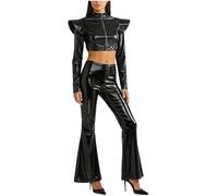 Jydiazi Costume à paillettes pour femme - Veste métallique - Crop Top et pantalon évasé métallisé - Legging disco des années 60 et 70 - Costume de carnaval - Noir - Taille XXL