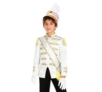 Jydiazi Costume de fanfare pour enfant Garde royale Major Uniforme à manches longues Manteau écharpe chapeau et gants pour Halloween Carnaval Blanc_B 110-116