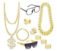 Jyeennar Lot de 10 costumes hip-hop des années 80 et 90 pour homme et femme - Fausse chaîne dorée, lunettes de soleil, bagues et bracelet | Finition plaquée or de qualité supérieure | Parfait pour les