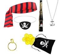 Jyeennar Lot de 16 accessoires de costume de pirate, foulard, collier, boucles d'oreilles, masque pour les yeux, 10 pièces dorées, sac, télescope, accessoires pour homme et femme, carnaval, cosplay