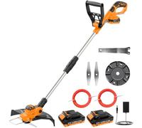 JYGMPRO Coupe Bordure sans Fil 21V, Débroussailleuse à Batterie Brushless avec 2 Batteries 2.0Ah, 2 Bobines (5m), 2 Lames, Poignée Réglable, Tube Télescopique, Tête Pivotante 90°pour Jardin Élagage