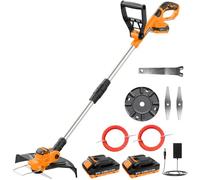 JYGMPRO Coupe Bordure sans Fil 21V, Débroussailleuse à Batterie Brushless avec 2 Batteries 2.0Ah, 2 Lames, 2 Bobines (5m), Poignée Réglable, Tube Télescopique, Tête Pivotante 90°pour Jardin Élagage