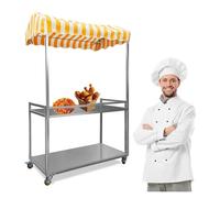 JYHHCYS Étal De Marché Chariot Mobile pour Marché Fermier, Chariot De Vente en Fer avec Auvent Rayé pour L'extérieur, 2 Niveaux Chariots Roulants Portables pour Fêtes(Orange,S)