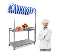JYHHCYS Étal De Marché Chariot Mobile pour Marché Fermier, Chariot De Vente en Fer avec Auvent Rayé pour L'extérieur, 2 Niveaux Chariots Roulants Portables pour Fêtes(Blue,L)