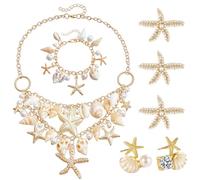 JYIXXZX 7 Pièces Ensemble de Bijoux Femme Sirène Collier Conque Coquillages Boucles d'Oreilles Bracelet Pince à Cheveux Étoile de Mer Perles Boho Bijoux Fantaisie Été Plage pour Fête Carnaval