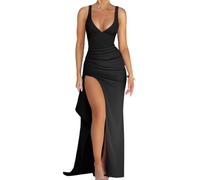 JYIXXZX Robe de Soirée Longue Femme Sexy Maxi Robe sans Manches Moulante Robes Chic et Elegant Col en V Robes à Bretelles Fendue Bodycon pour Mariage Invité Cocktail Party Clubbing Nuit