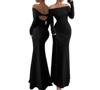 JYIXXZX Robe Femme Sexy Maxi Robes à Épaules Dénudées Elégant Manches Longues Bodycon Robes Longue Chic sans Bretelles Dos Nu Moulante Robe de Soirée Cocktail Nuit Clubbing Fête