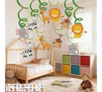 JYJLLM Kit de décoration au motif d'animaux de la jungle avec suspensions en spirale et autocollants, 10 motifs de lion éléphant, 50 autocollants d'animaux, pour adultes safari