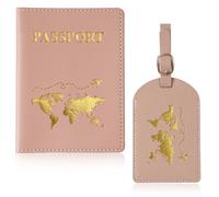 JYNVO 2 Protege Passeport et Etiquette Valise Set, Voyage Francais Etui Passeport, Protège avec Bloqueur RFID, Cartes d'embarquement, Carte de crédit, Carte de Visite, pour Hommes et Femmes(Rose)