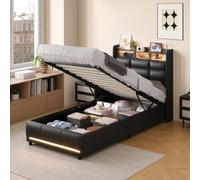 JYNVO Lit capitonné 90 x 200 cm avec espace de rangement, lit simple en | Éclairage LED RVB, coffre de lit hydraulique, tête de lit avec prise et USB, compartiment secret pliable